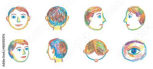 Set of colorful hand-drawn human head illustrations showing different angles like front, back, profile, and top view in a sketchy, childlike crayon style