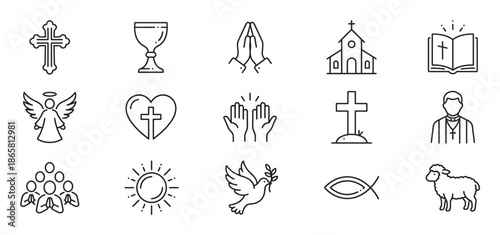 Collection of christian religion line icons showing a cross, bible, church, angel, priest, and other spiritual symbols in a clean, modern, linear graphic style for faith concepts