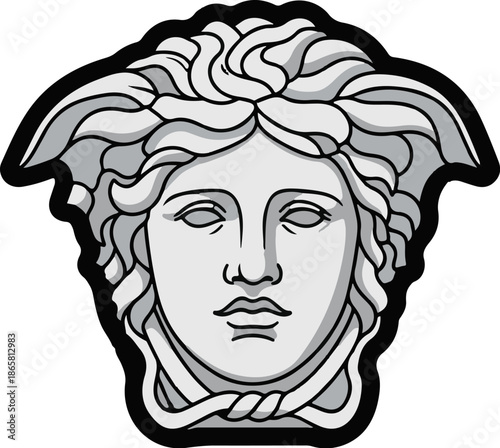 Stylized Greek goddess head emblem with flowing hair, a classic motif