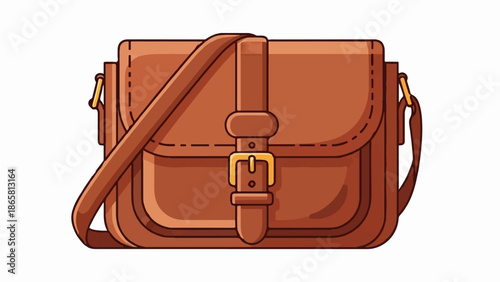 A stylized illustration of a brown leather satchel with a buckle and shoulder strap