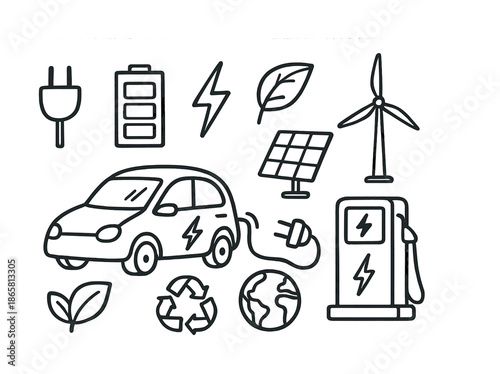 Electric vehicle and renewable energy symbols: sustainable transport and green technology icons
