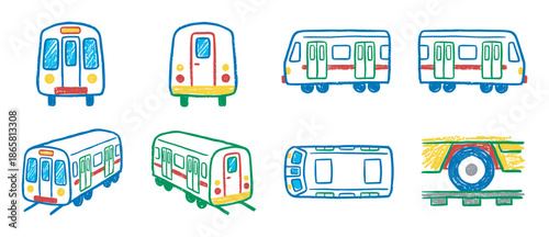 Colorful collection of hand-drawn train illustrations in a childlike crayon style, showcasing various subway cars and wagons from different angles and perspectives in a playful set
