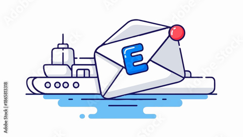 A stylized ship carries a large envelope with a prominent blue letter 'E' on it