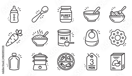 Set of baby food and feeding icons in a minimalist black line art style, featuring a bottle, puree, bib, spoon, bowl, milk formula, and other infant nutrition elements