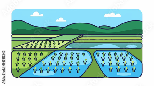 Lush green terraced fields with water features under a blue sky with clouds