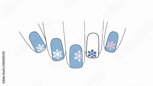A hand displaying fingernails decorated with various blue, white, and pink snowflake designs
