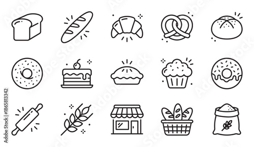 Collection of minimalist black outline icons for a bakery, including bread, pastries, cakes, donuts, and baking equipment like a rolling pin and flour sack