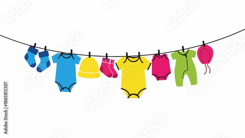 Assorted baby clothes, socks and hats hang on a clothesline to dry