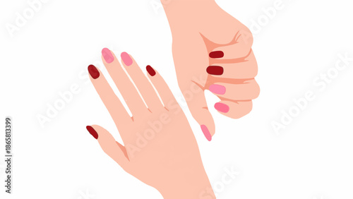 Two hands with manicured nails, one with red, the other with pink polish