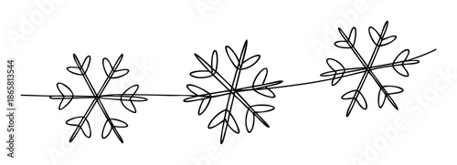 Minimalist black line art depiction of delicate snowflakes connected in a continuous horizontal chain, perfect for winter holiday greeting cards, seasonal decorations, or festive event