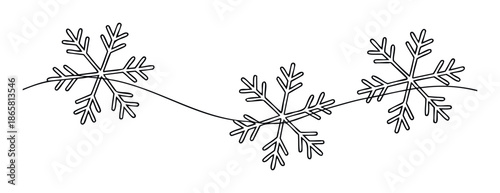 Elegant outline drawing of snowflakes connected on a wavy line, perfect for winter season greeting cards, holiday party decor, and festive event promotions