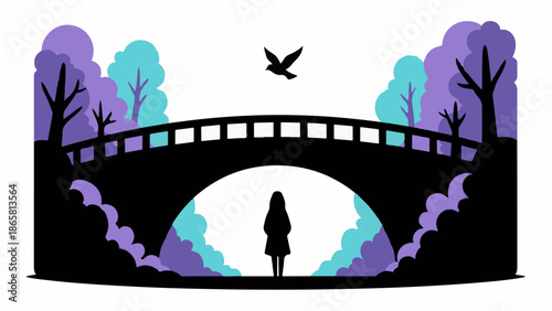 Silhouette of a person standing under a bridge with a bird flying overhead