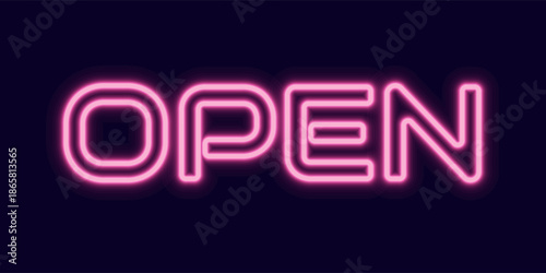 Bright pink neon sign with the word 'Open' glowing on a dark background. Modern illuminated signage concept for shops, restaurants, bars, cafes, nightlife, business opening hours, retail marketing.