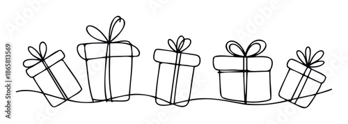 Continuous line drawing of multiple gift boxes with bows, symbolizing celebration and surprise, suitable for holiday promotions or special occasion greetings