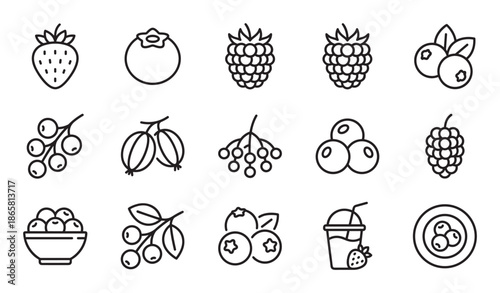 Set of berry and fruit line icons featuring various types like strawberry, raspberry, and blueberry in a clean, minimalist, and modern outline style for graphic design