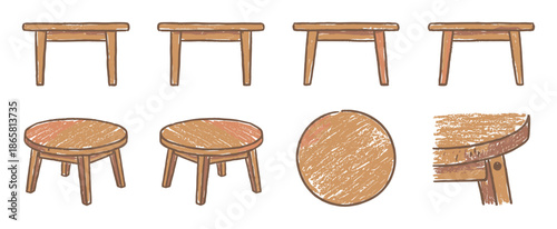 Hand-drawn set of wooden furniture illustrations showing a simple table and a round stool from various angles and perspectives in a rustic, sketchy art style