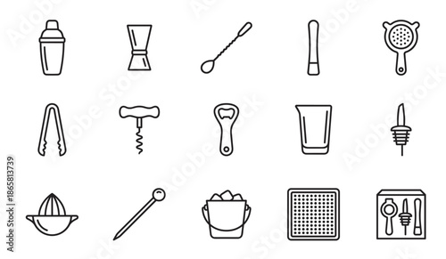 Collection of fifteen bartender equipment icons in a simple black line art style, featuring essential tools like a shaker, jigger, strainer, spoon, and ice bucket