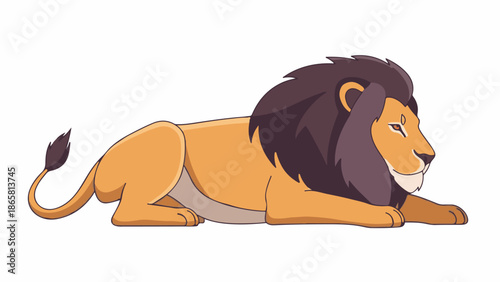A cartoon lion with a dark mane lies on its stomach, facing right