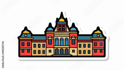 Colorful, stylized building with multiple towers and arched entrances, detailed illustration