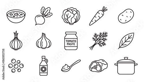 Set of black line icons showing ingredients for making traditional borscht soup, including beet, cabbage, potato, meat, and other vegetables in a minimalist vector style
