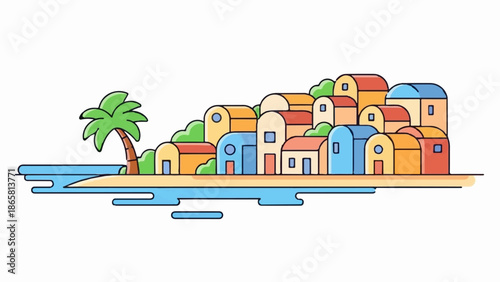Colorful, stylized village with rounded buildings nestled on a hillside by the ocean with a palm tree