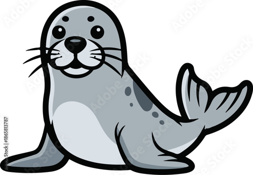 A cute, cartoonish gray seal with black eyes, a black nose, and whiskers, resting