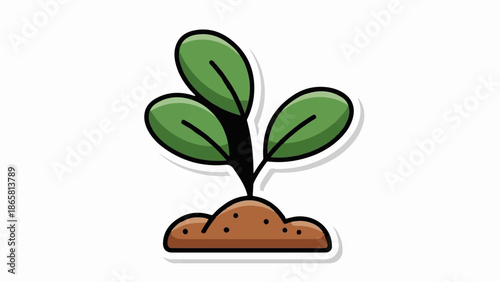 A simple illustration depicts a young plant sprouting from a mound of soil, featuring three vibrant green leaves