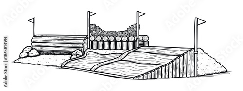 Equestrian cross country obstacles featuring challenging logs, brush, and a simulated water jump with flags, ideal for eventing sport promotions and educational materials.