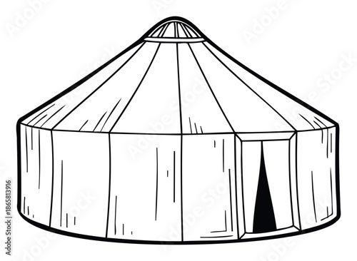 Traditional round shelter with a conical roof and entrance flap for camping, outdoor living, or historical nomadic travel applications