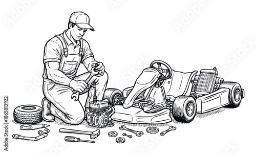 Skilled mechanic performing intricate maintenance on a racing gokart engine with tools, ideal for automotive repair manuals and sports mechanic service promotions