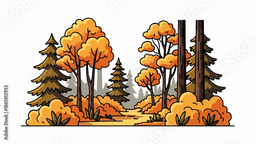 A vibrant forest path ablaze with autumn colors, featuring diverse trees and foliage