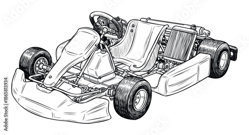 Detailed technical line drawing of a high performance go kart chassis with visible engine and steering for motorsport publications extreme sports marketing and recreational racing promotion