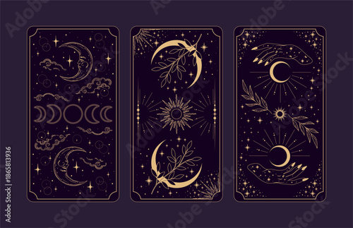 Magic occult cards. Vintage hand drawn mystic tarot cards, stars, clouds and crescents magical symbols, magic occult cards illustration set. 