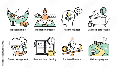 Self-care illustrations for mental wellness and relaxation