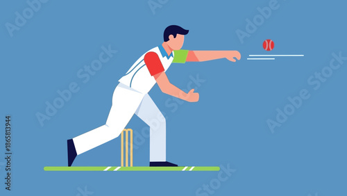 Dynamic illustration of a male cricket player bowling a powerful delivery towards the wickets. Captures game intensity and athletic focus in vibrant flat design