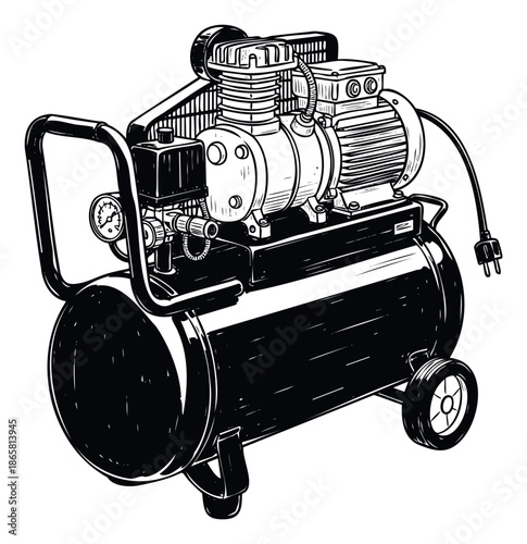 Portable air compressor for industrial and home workshop use featuring a detailed handdrawn sketch style suitable for various power tool and equipment publications