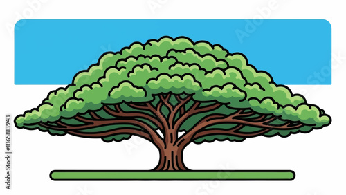 Stylized, bold illustration of a mature, expansive tree with lush green foliage and thick branches