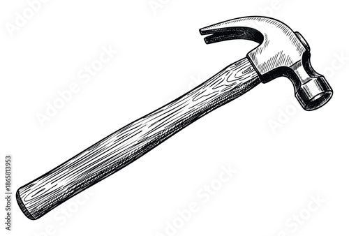 Detailed hand drawn vintage style claw hammer with a wooden handle, ideal for construction projects, home improvement guides, or workshop branding and general DIY visuals.