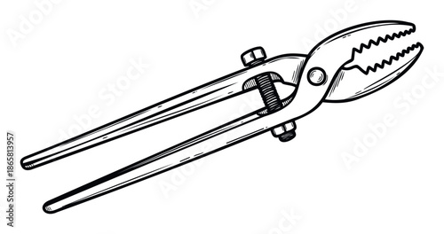 Robust adjustable pipe wrench with serrated gripping jaws depicted in a classic linework style, ideal for use in technical manuals, workshop advertisements, and home improvement guides