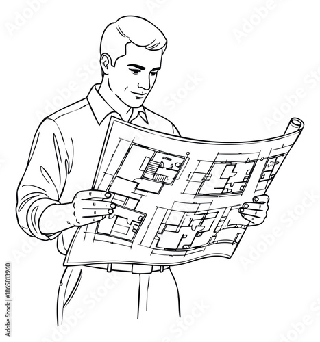 Focused architect examining detailed construction blueprints, ideal for showcasing professional planning and real estate development concepts