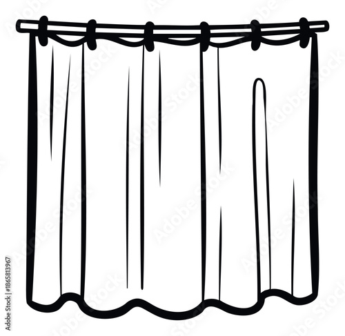 Simple hand drawn curtain line drawing on a rod with rings for interior design, home decor, stage backdrop, or privacy related projects and icons.