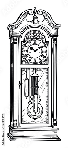 Elegant vintage grandfather clock displaying Roman numerals and intricate decorative carvings, perfect for historical, antique, or timerelated themes in publishing or decor projects
