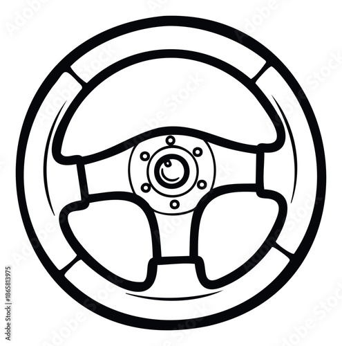 Dynamic black outline of a modern car steering wheel, perfect for automotive graphics, vehicle enthusiast designs, racing game interfaces, or transportationthemed projects.