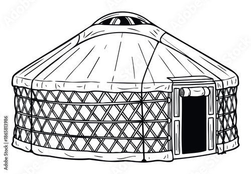 Traditional nomadic yurt dwelling represented as a bold black line drawing, perfect for cultural education, travel promotions, and architectural design projects