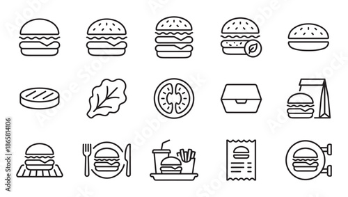 Burger and fast food line icon set with hamburger, cheeseburger, vegan option, ingredients, and takeaway packaging for a restaurant menu or web design in a minimalist style