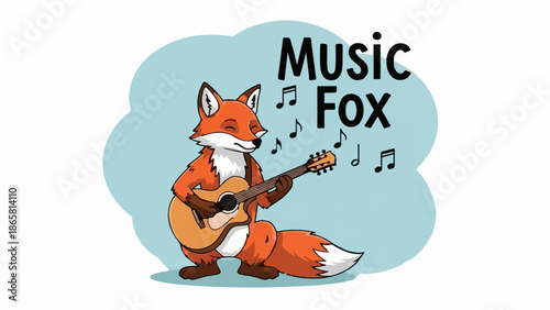 A cartoon fox plays an acoustic guitar, with musical notes floating around it
