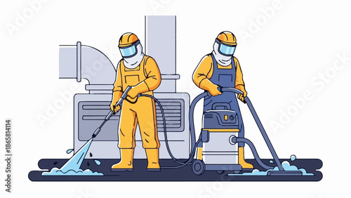 Two people in protective gear cleaning a industrial area with spray and vacuum
