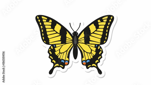 A bright yellow butterfly with black stripes and blue/orange spots on its wings