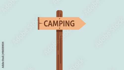Minimalist vector illustration of a classic wooden signpost, clearly marked 'CAMPING' with an arrow, symbolizing direction towards nature, outdoor recreation, and rustic adventures