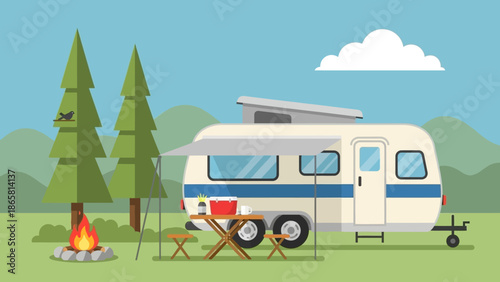 Outdoor adventure travel scene with a vintage camper trailer parked by a warm campfire under a clear sky, offering a peaceful escape into nature's embrace